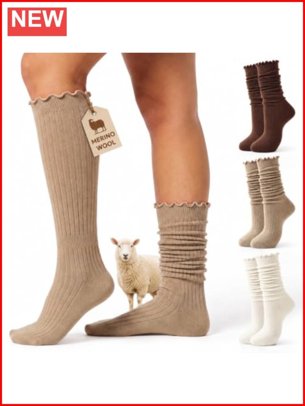 Merino Wool Blend Ruffle Knee High Slouch Socks 3 Pairs